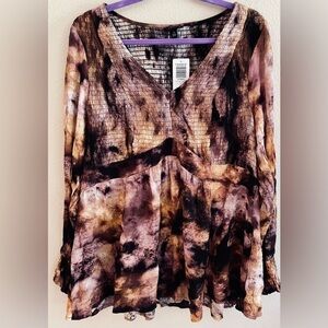 CRINKLE GAUZE SMOCKED TIE DYE Torrid Babydoll Blouse Boho NWT Party Date